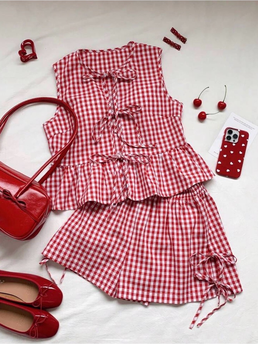 Red Gingham Tie-Front Peplum Top & Skirt Set - Picture 1 of 2